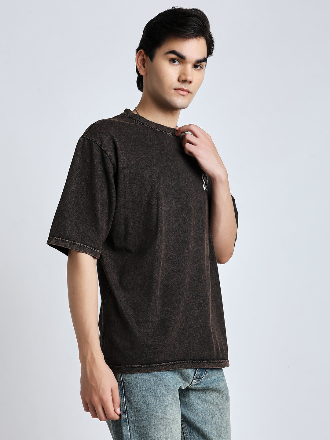 Street style drop shoulder brown wash Tshirt