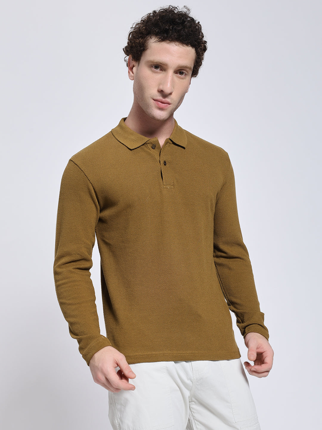 Mustard Brown Full Sleeve Polo T-Shirt