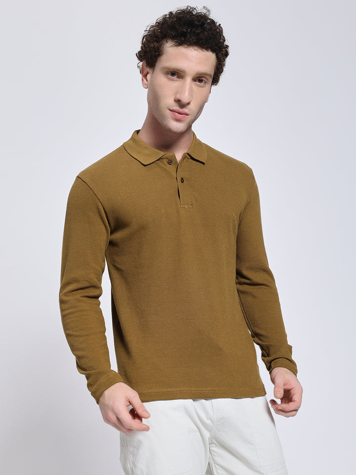 Mustard Brown Full Sleeve Polo T-Shirt