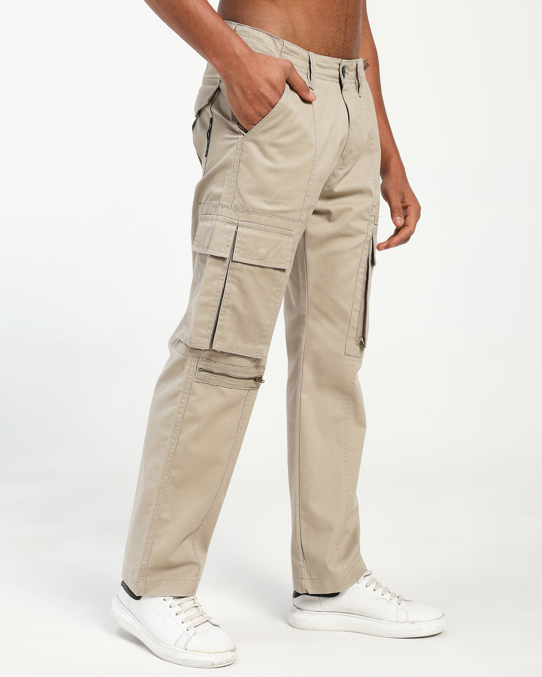 Men’s Beige Straight Fit Cargo Pants with Utility Pockets