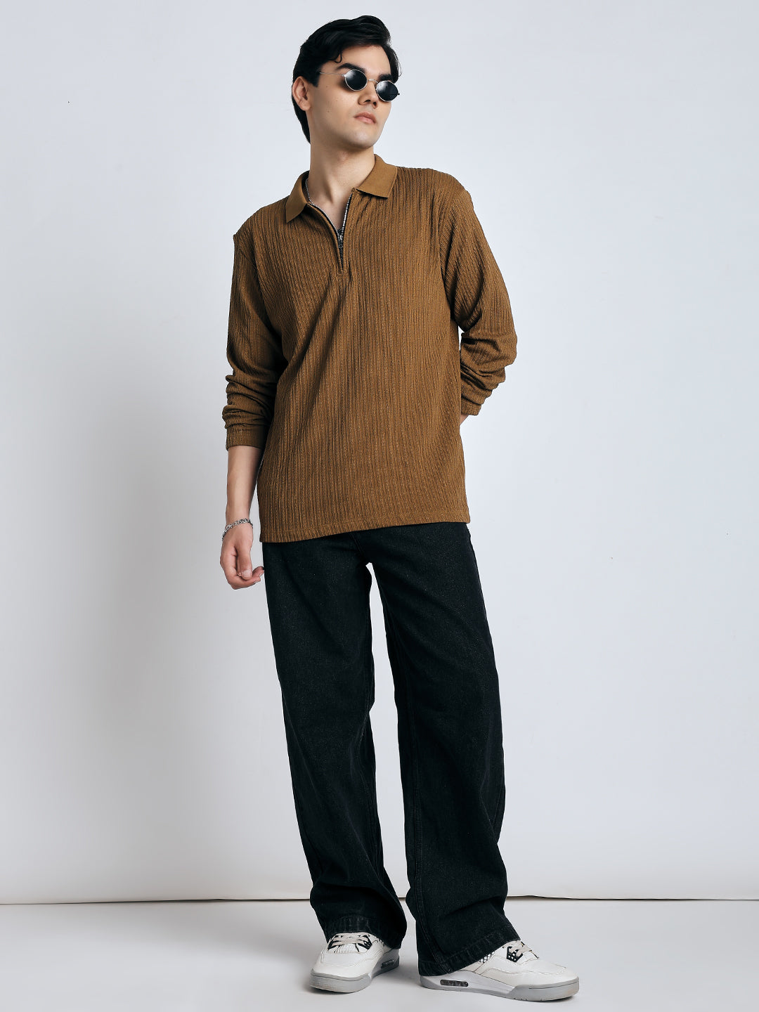 Brown front chain zipper T-shirt