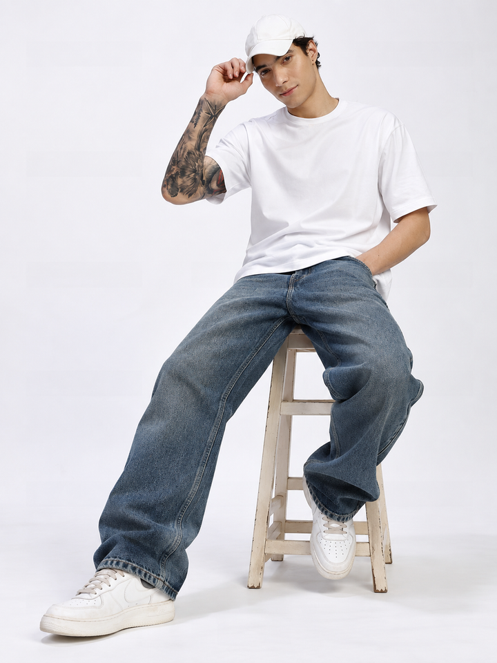 Men's Green Wash Baggy Fit Denim Jeans