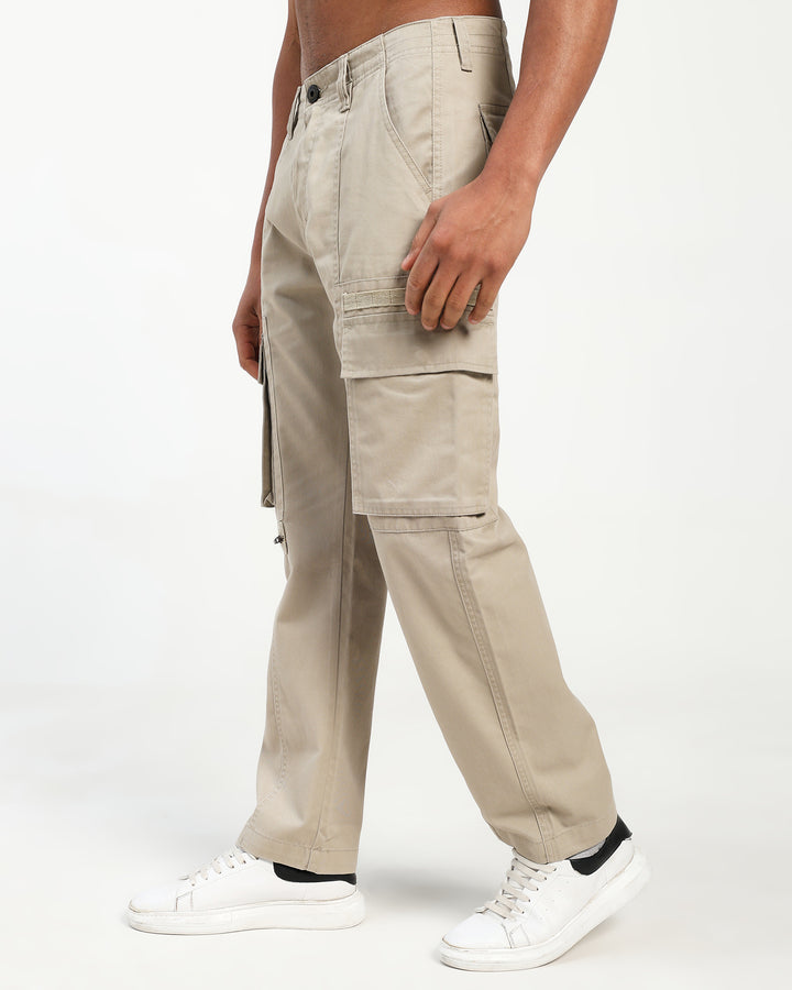 Men’s Beige Straight Fit Cargo Pants with Utility Pockets