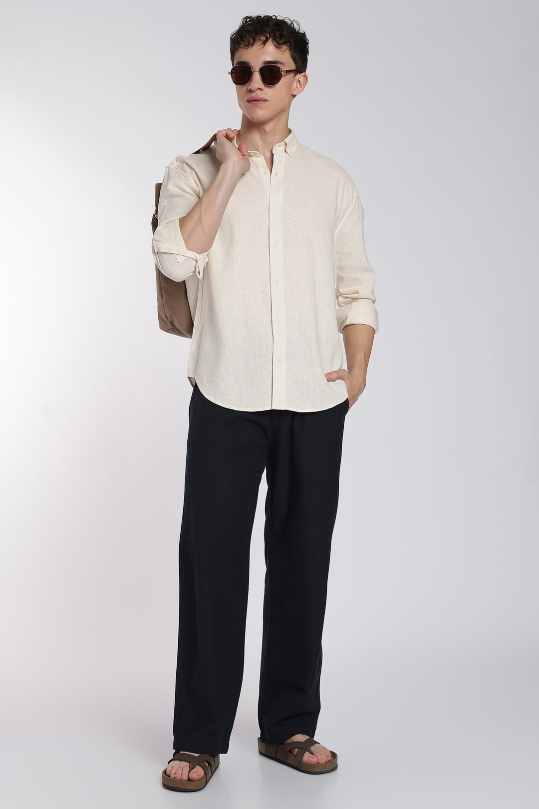 Men’s Dark Blue Regular Fit Linen Pants