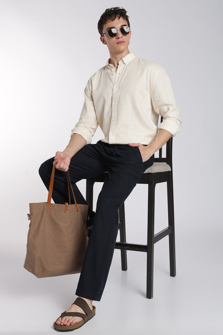Men’s Dark Blue Regular Fit Linen Pants