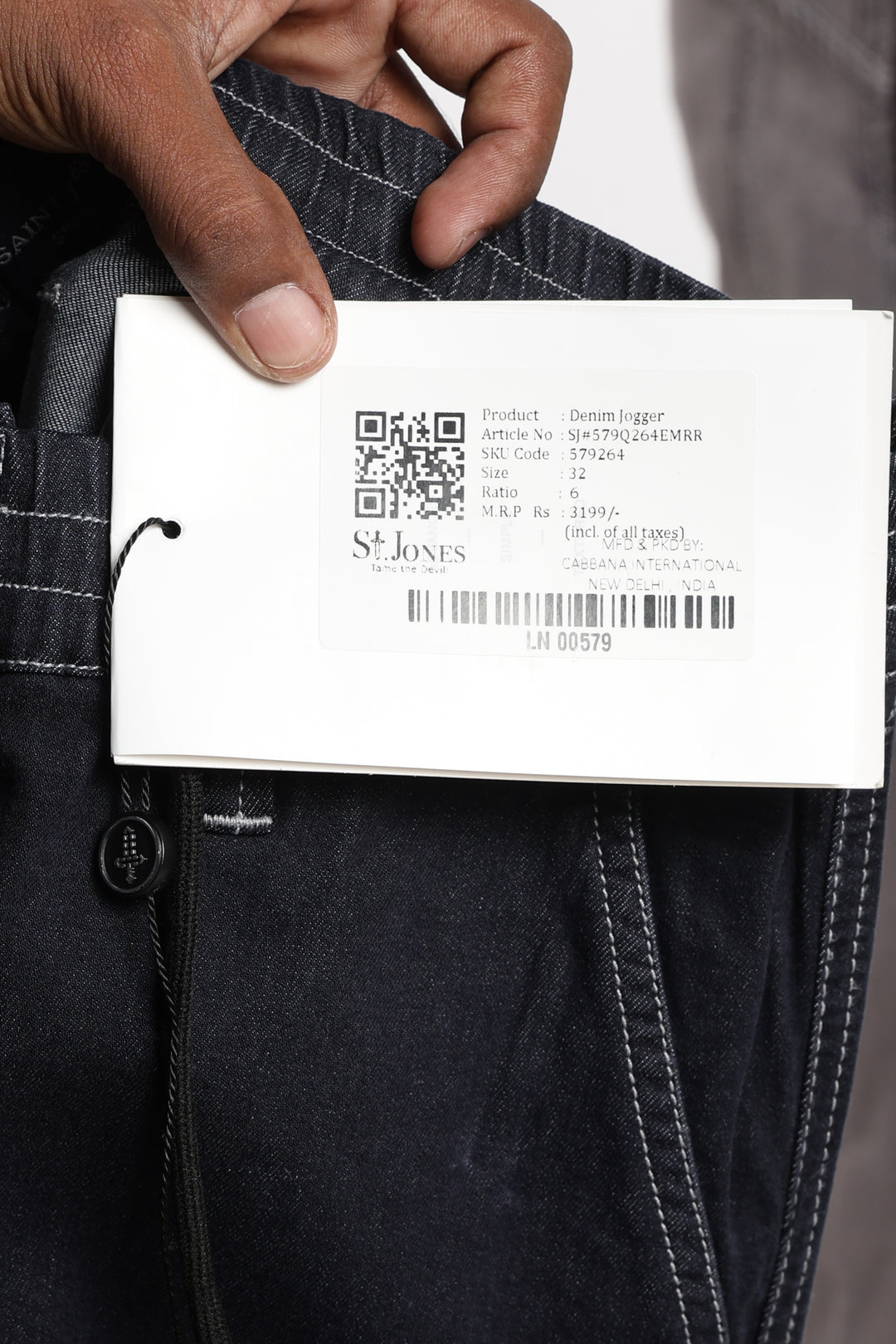 Close-up of a label on a piece of clothing with 'St. Jones' branding.