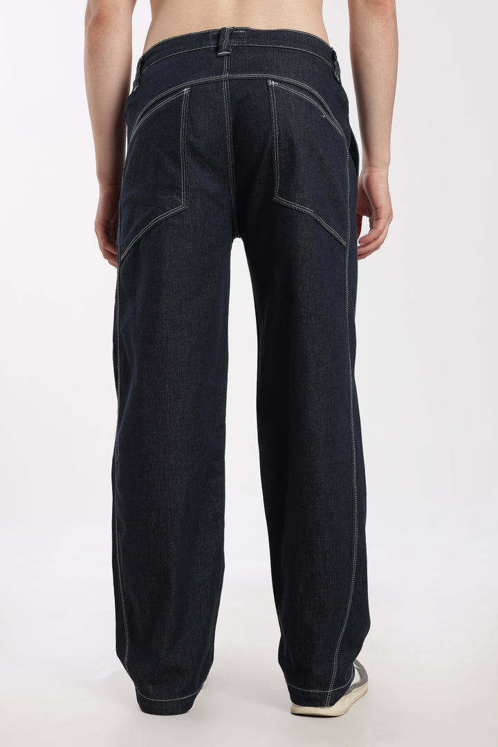 blue denim jogger worn by a man on a white background