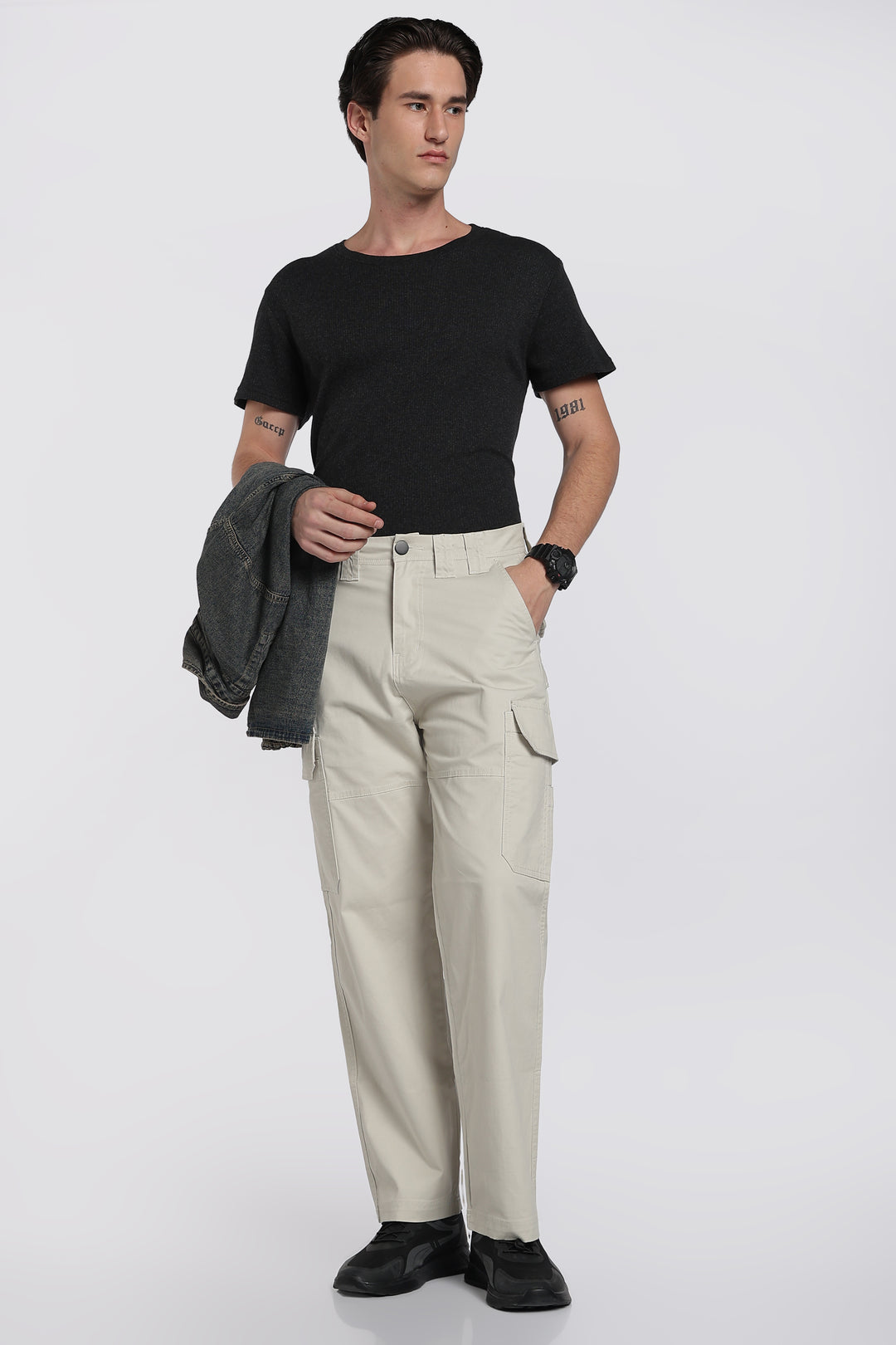 Men's Cream Cargo Pants Relaxed Fit
