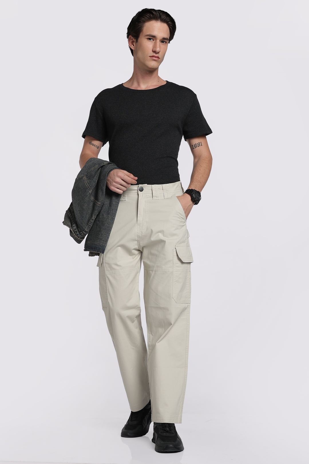 Men's Cream Cargo Pants Relaxed Fit