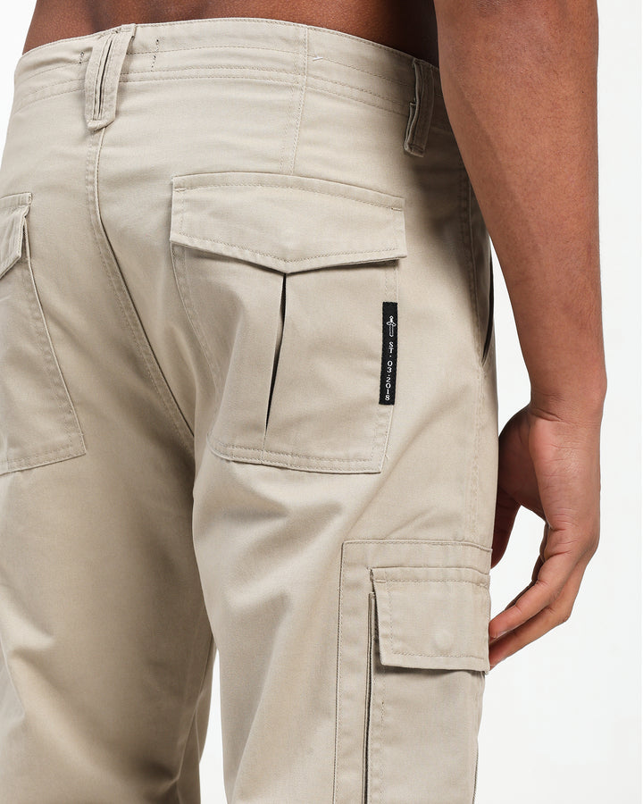 Men’s Beige Straight Fit Cargo Pants with Utility Pockets
