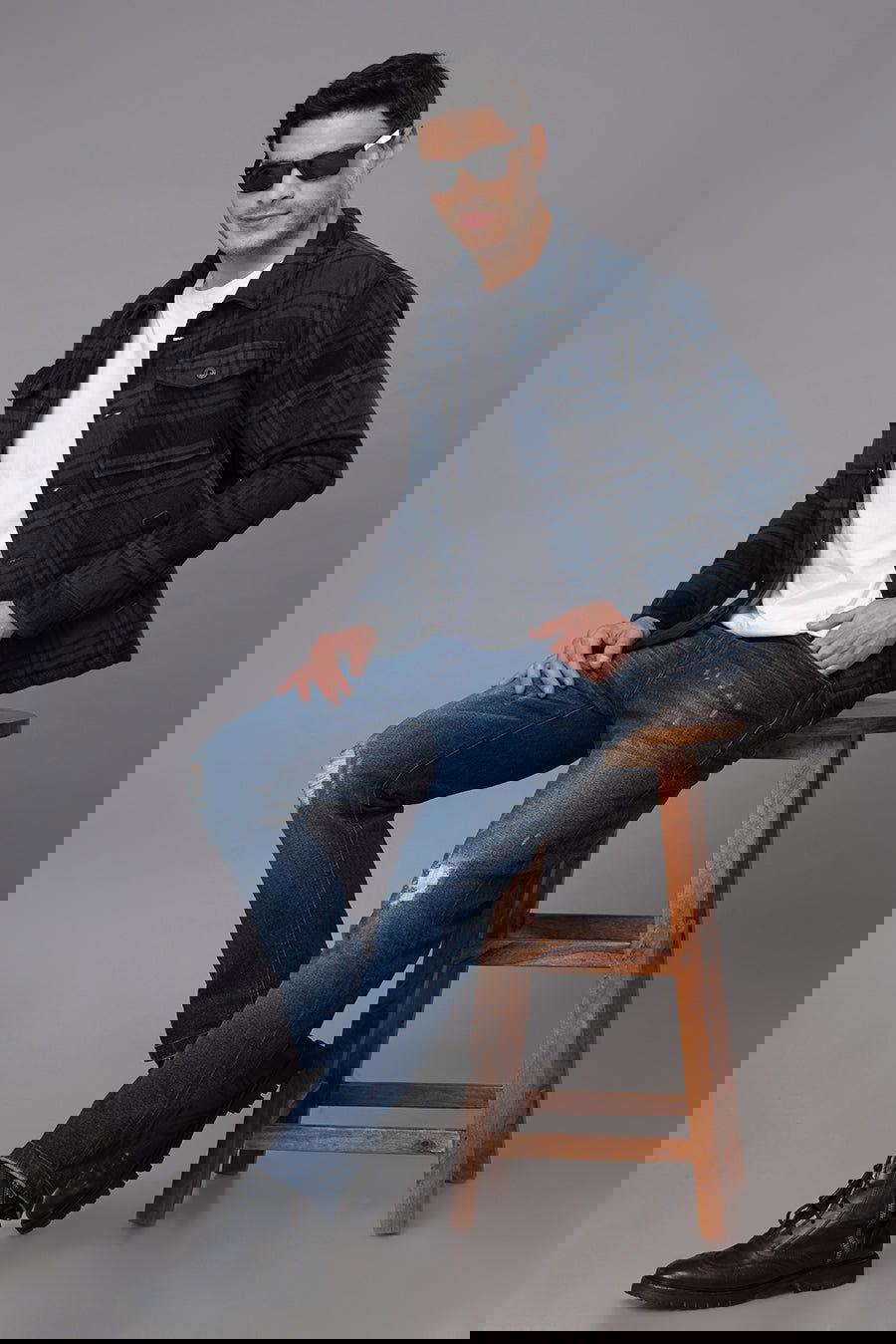 BLUE BLACK CHECKS FUR JACKET - St.Jones