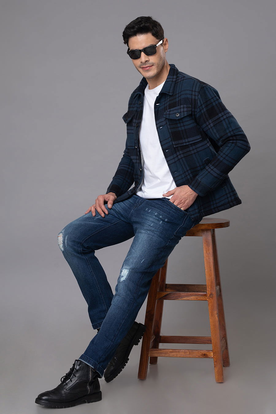 BLUE BLACK CHECKS FUR JACKET - St.Jones