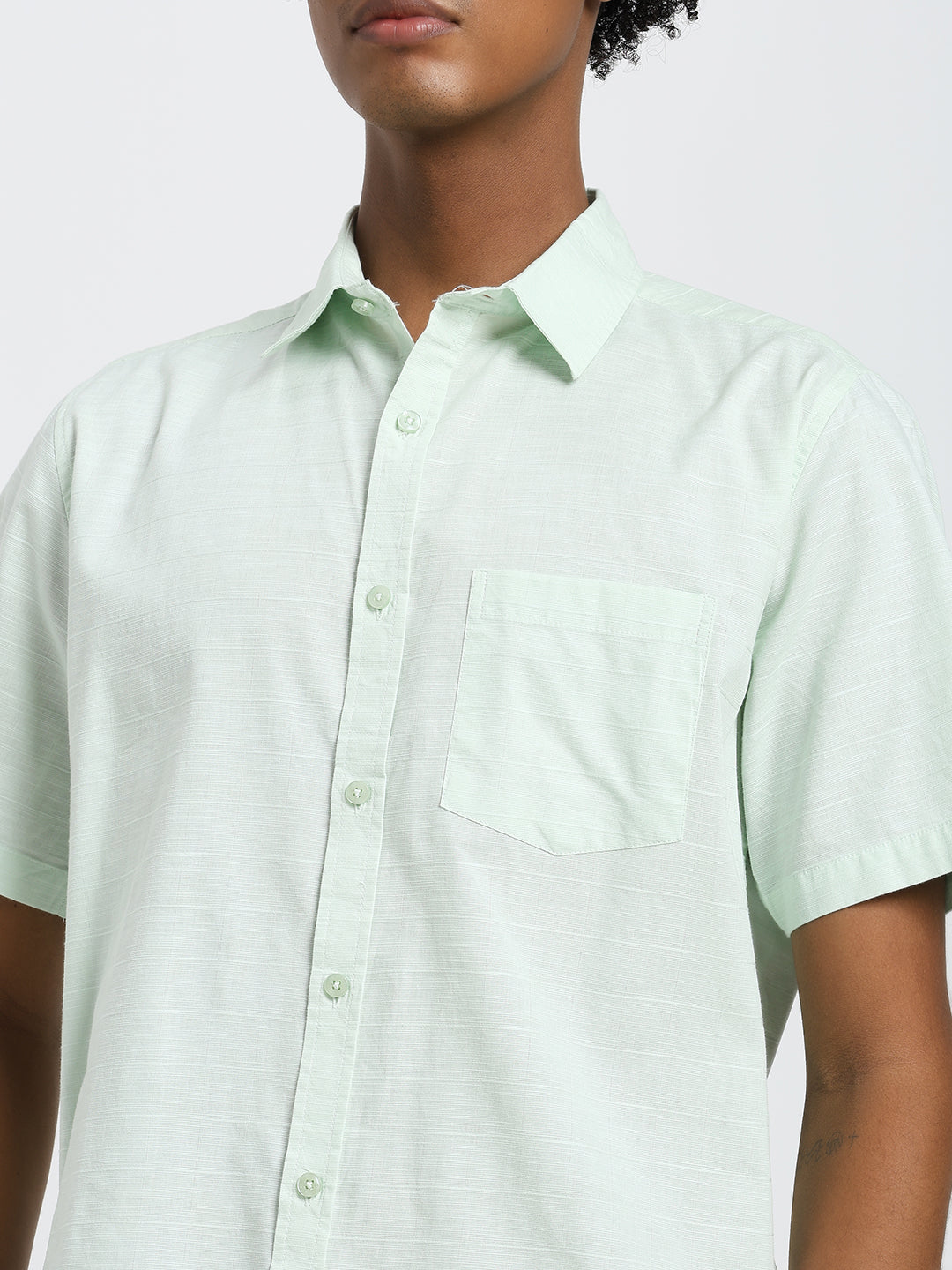 linen blend pale aqua half sleeve shirt