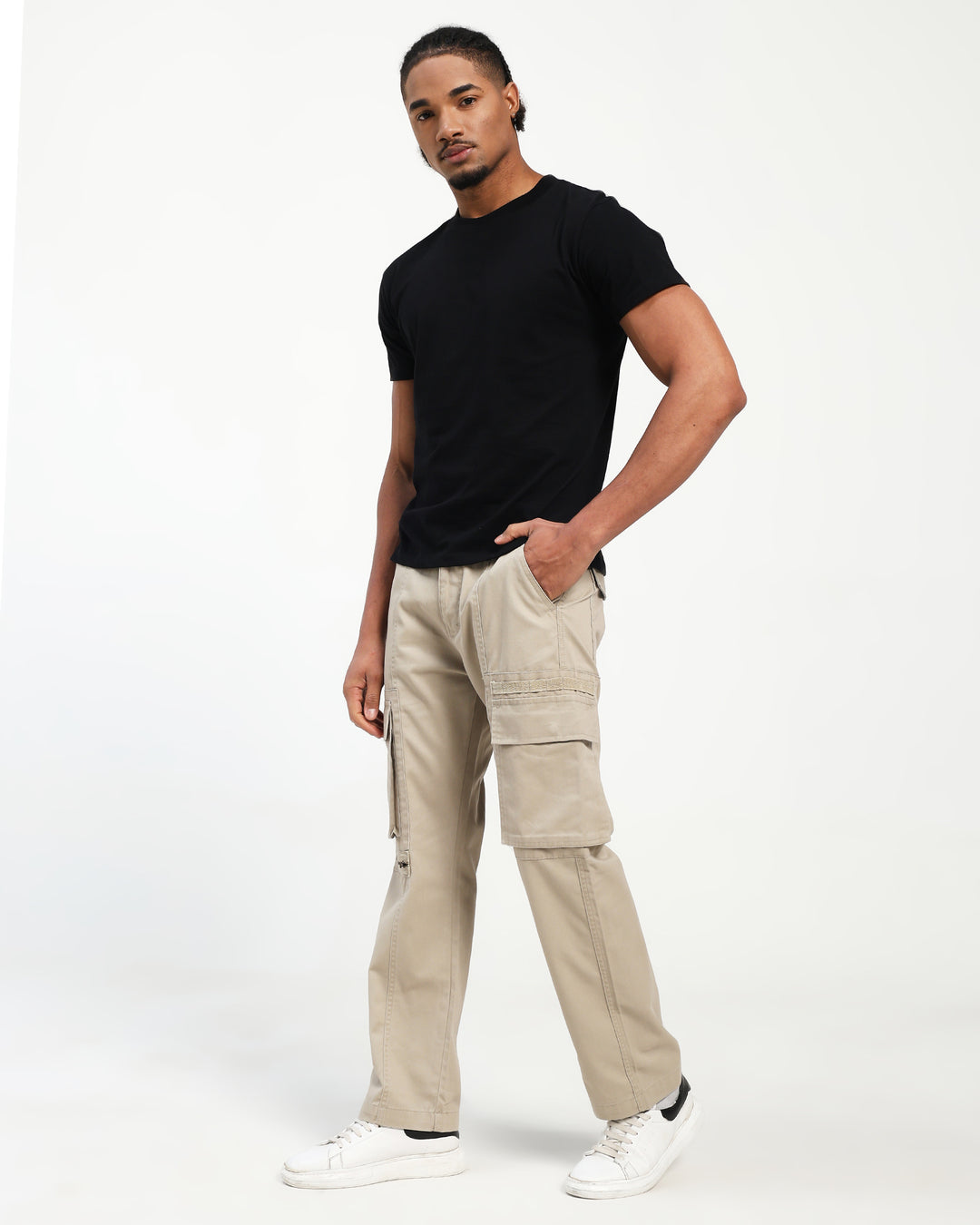 Men’s Beige Straight Fit Cargo Pants with Utility Pockets