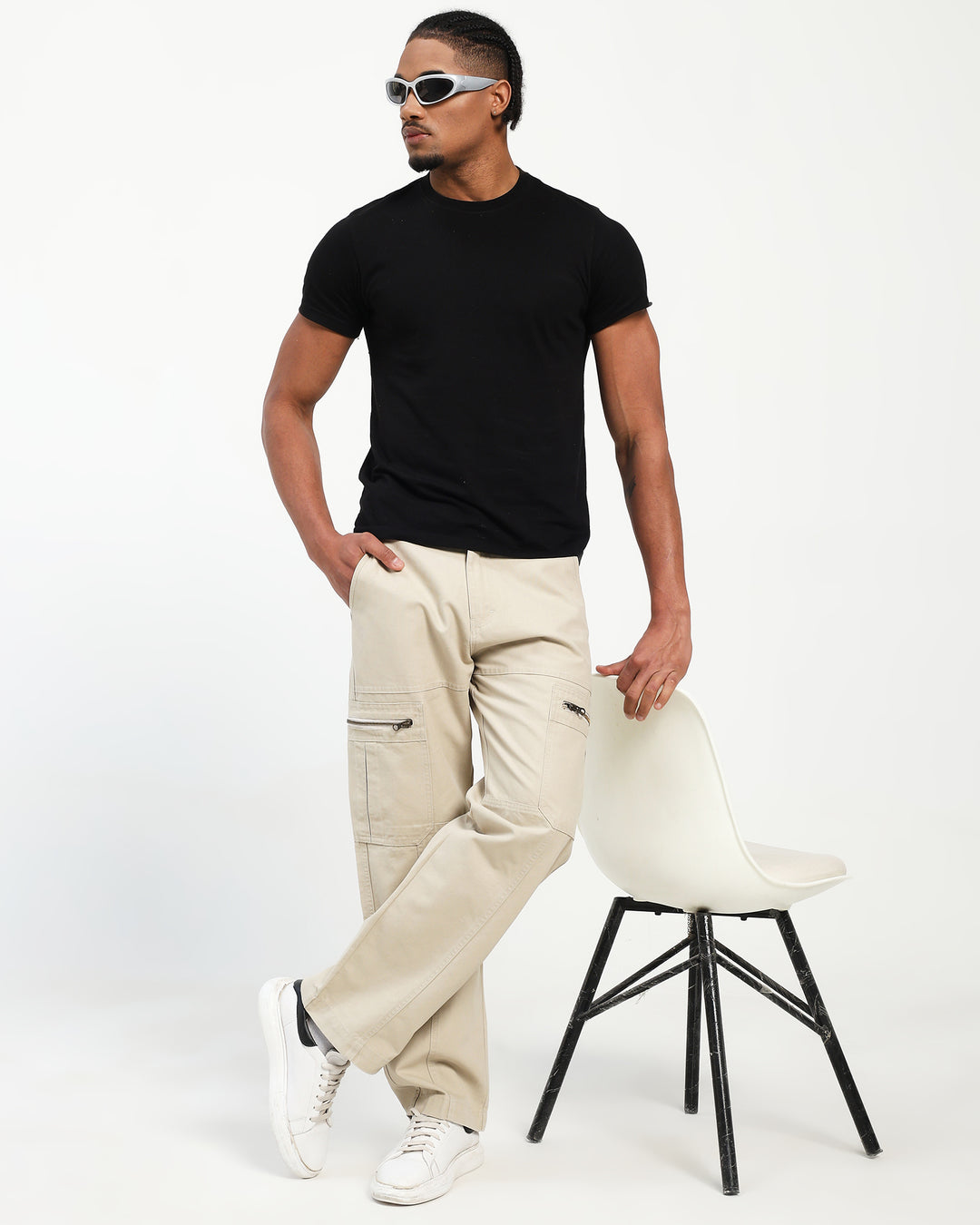 Men’s Light Beige Cargo Pants with Zip Pocket Detail