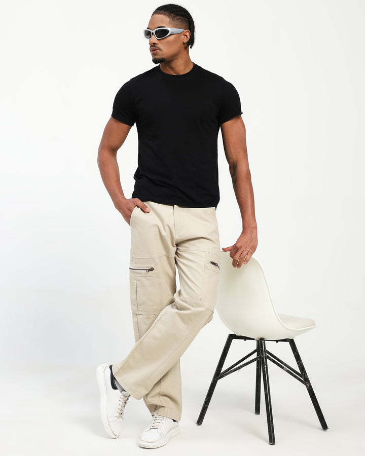 Men’s Light Beige Cargo Pants with Zip Pocket Detail