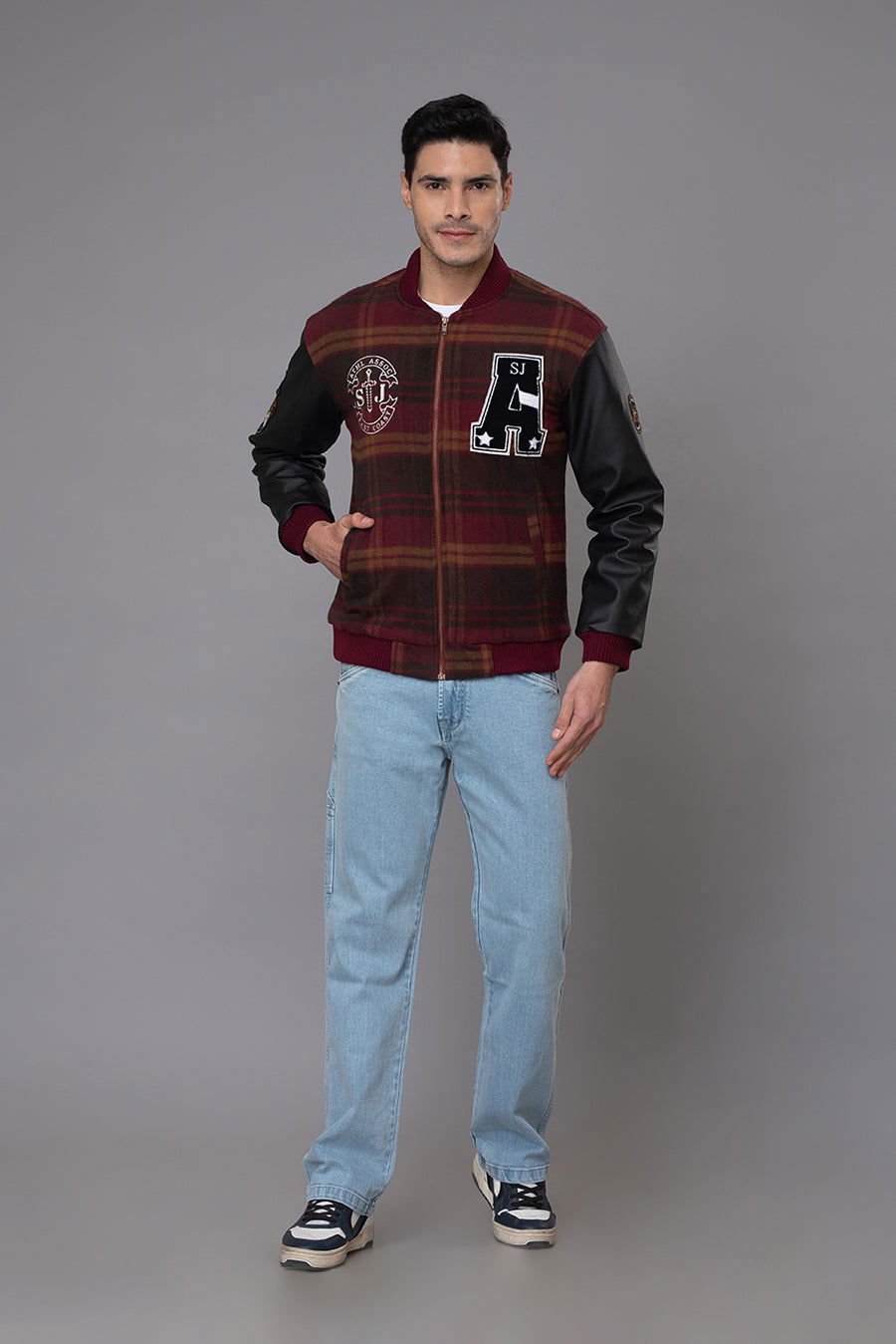 CHECKED VARSITY JACKET-Wine - St.Jones