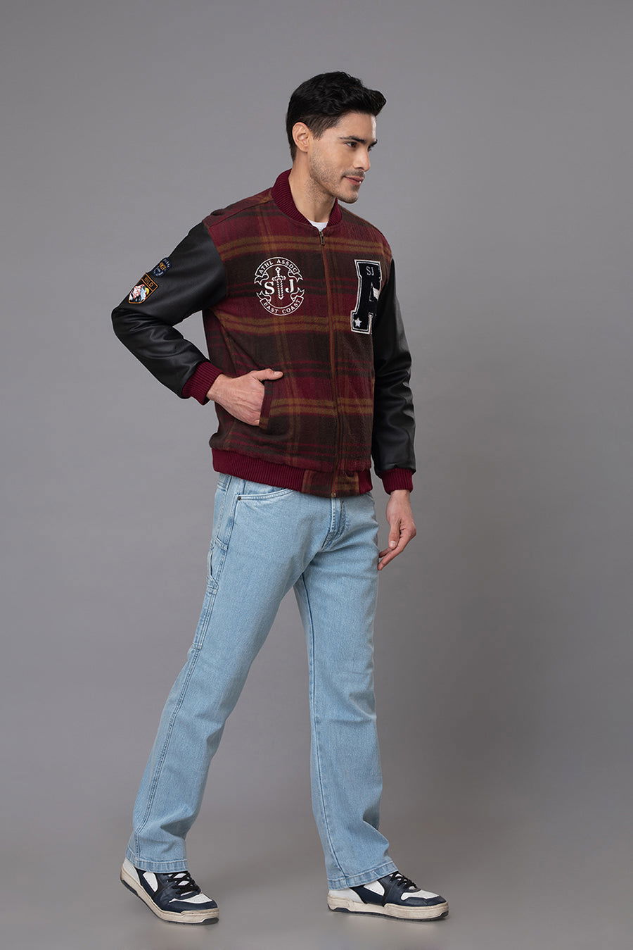 CHECKED VARSITY JACKET-Wine - St.Jones