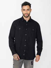 Classic fit black denim shirt double pockets - St.Jones
