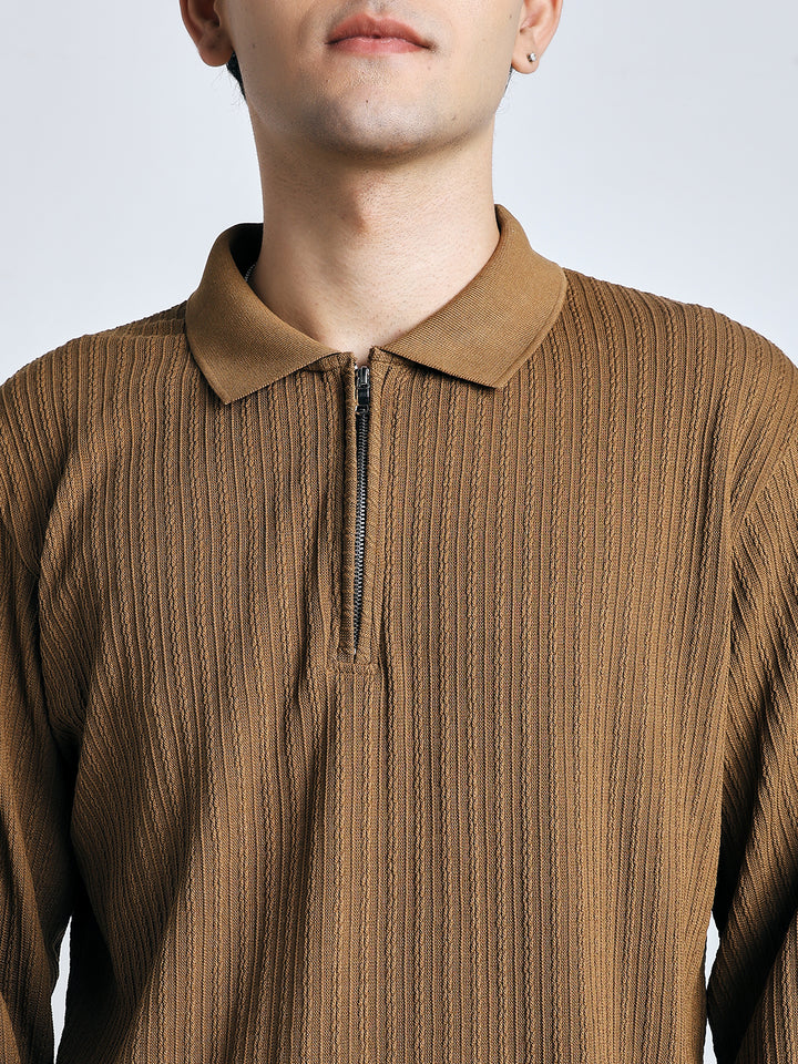 Brown front chain zipper T-shirt