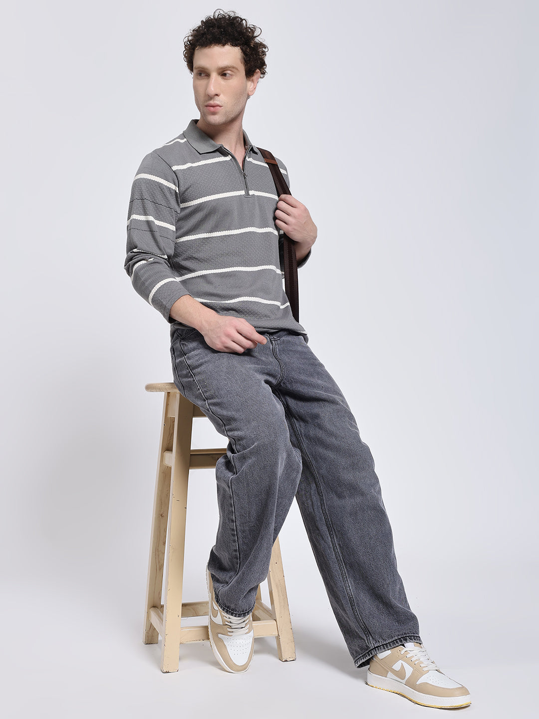 Full sleeve knitted pre-winter grey stripe T-shirt