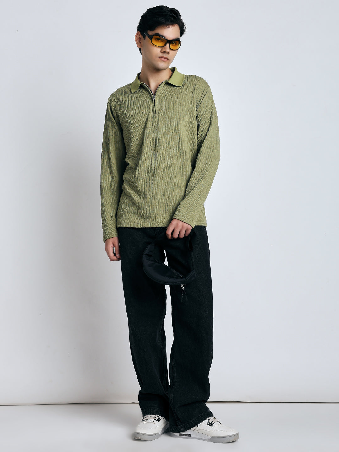 Sage green front chain zipper T-shirt