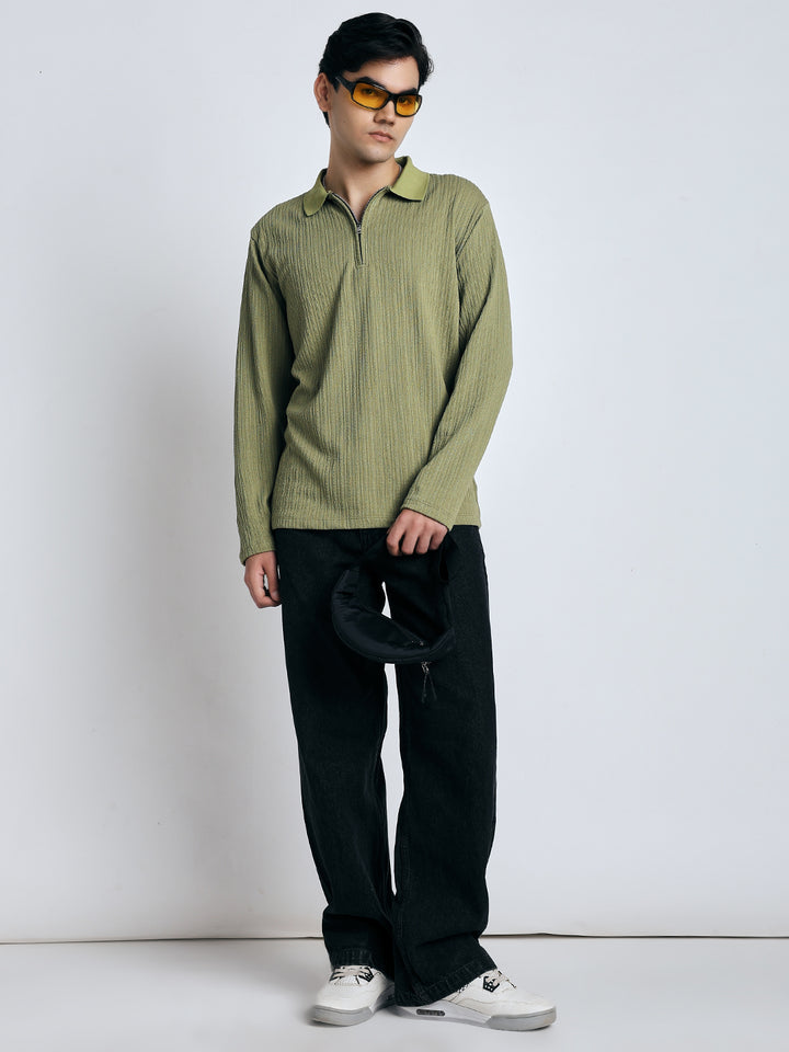 Sage green front chain zipper T-shirt