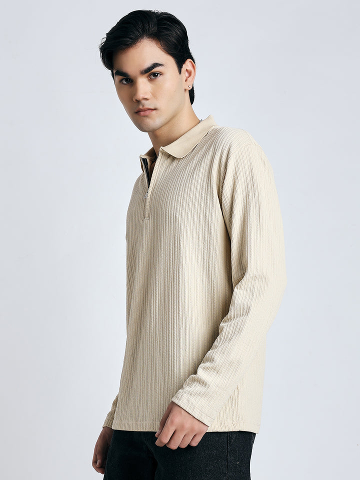 Cream front chain zipper T-shirt