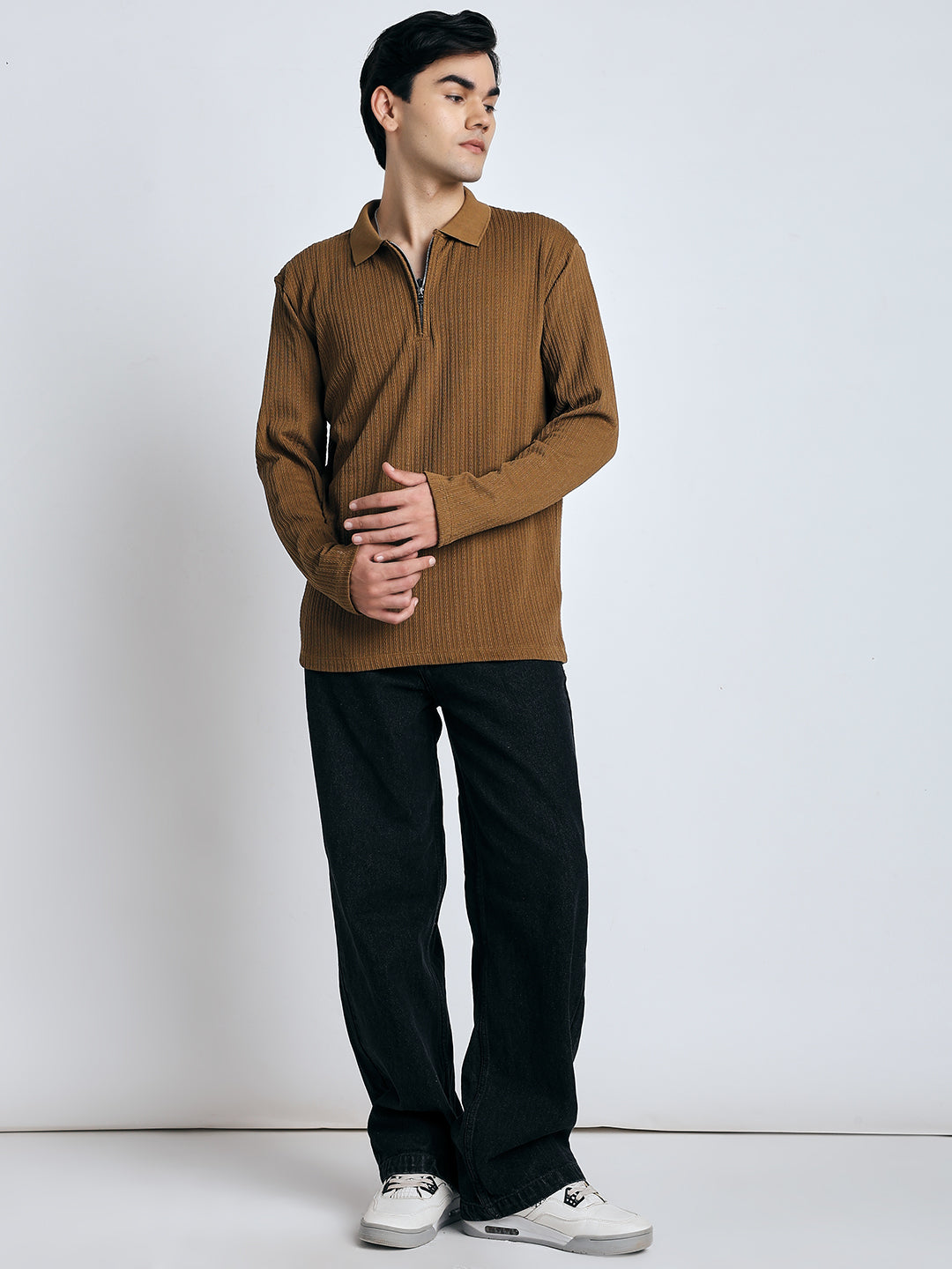 Brown front chain zipper T-shirt