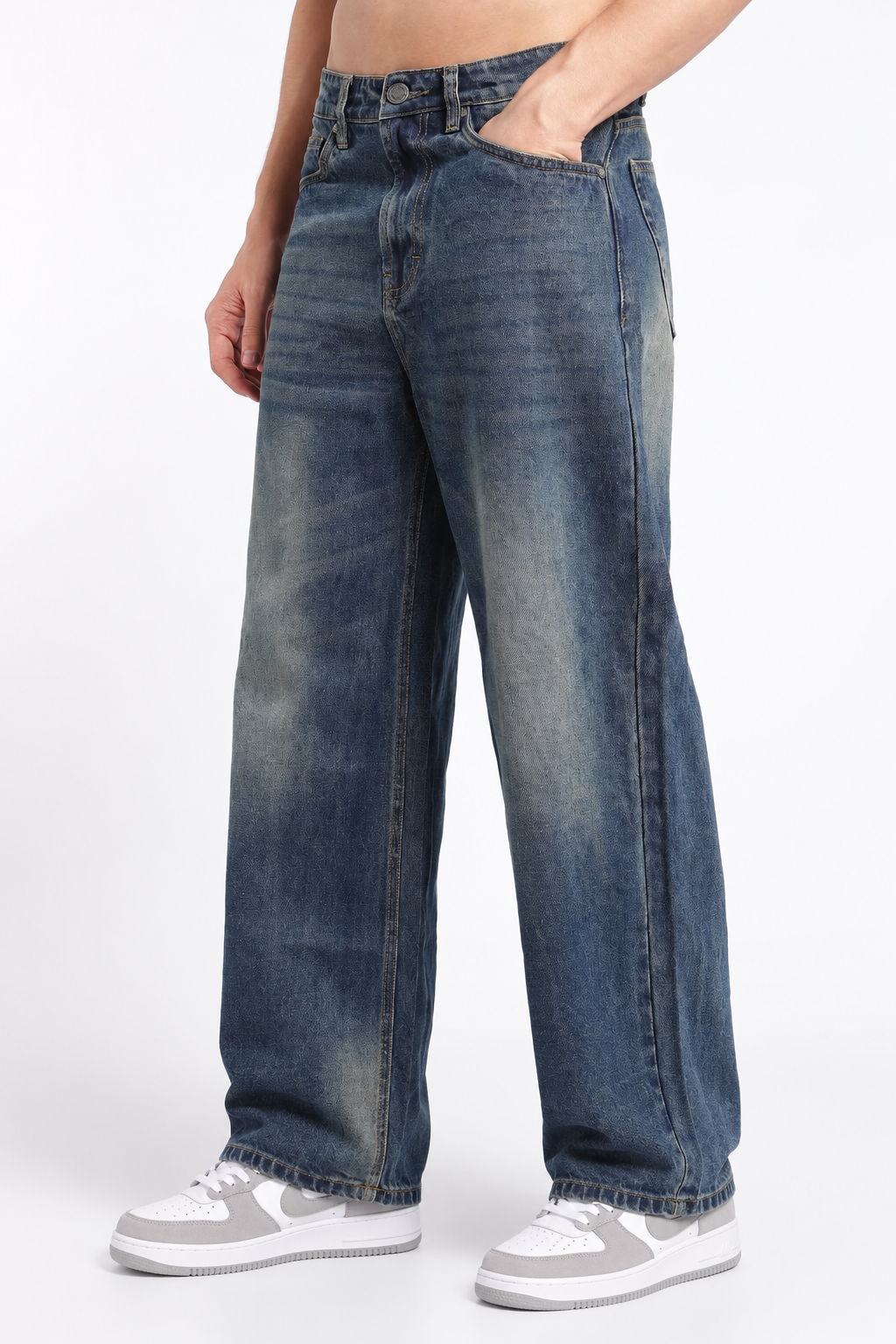 Men's Washed Brown Blue Baggy Jeans