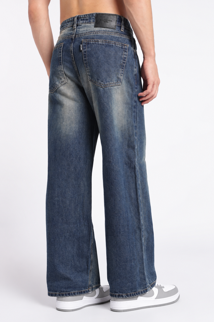 Men's Washed Brown Blue Baggy Jeans
