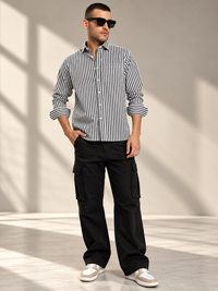 Men’s Classic Black & White Vertical Striped Cotton Shirt