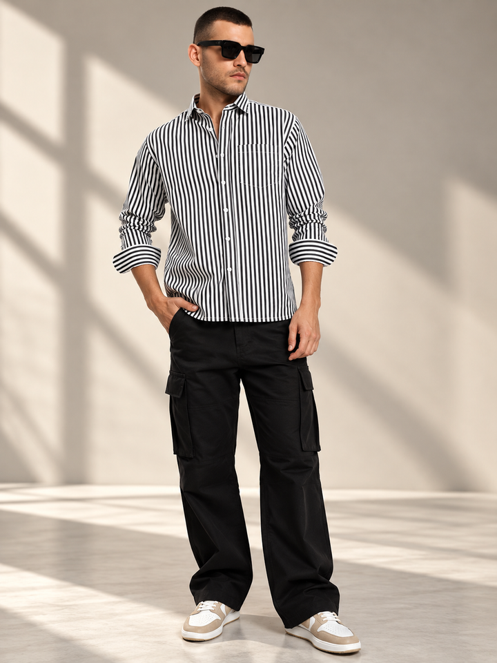 Men’s Classic Black & White Vertical Striped Cotton Shirt