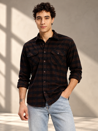 Men's Black & Brown Checked Corduroy Casual Shirt