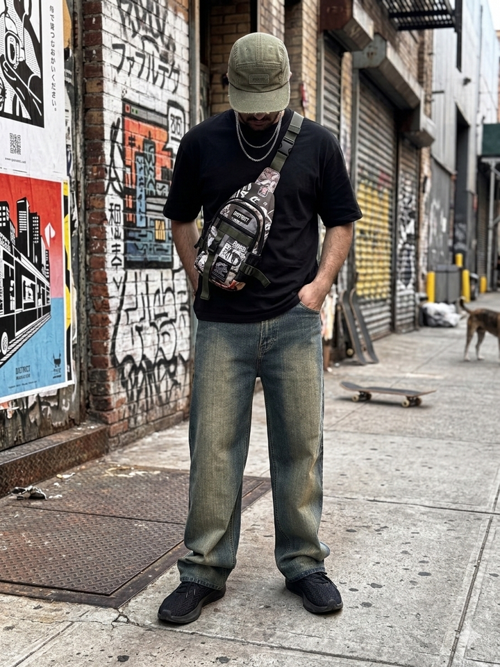 man standing on a street with graffiti and urban elements