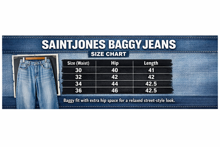 SaintJones baggy jeans size chart with a jeans image on a white background