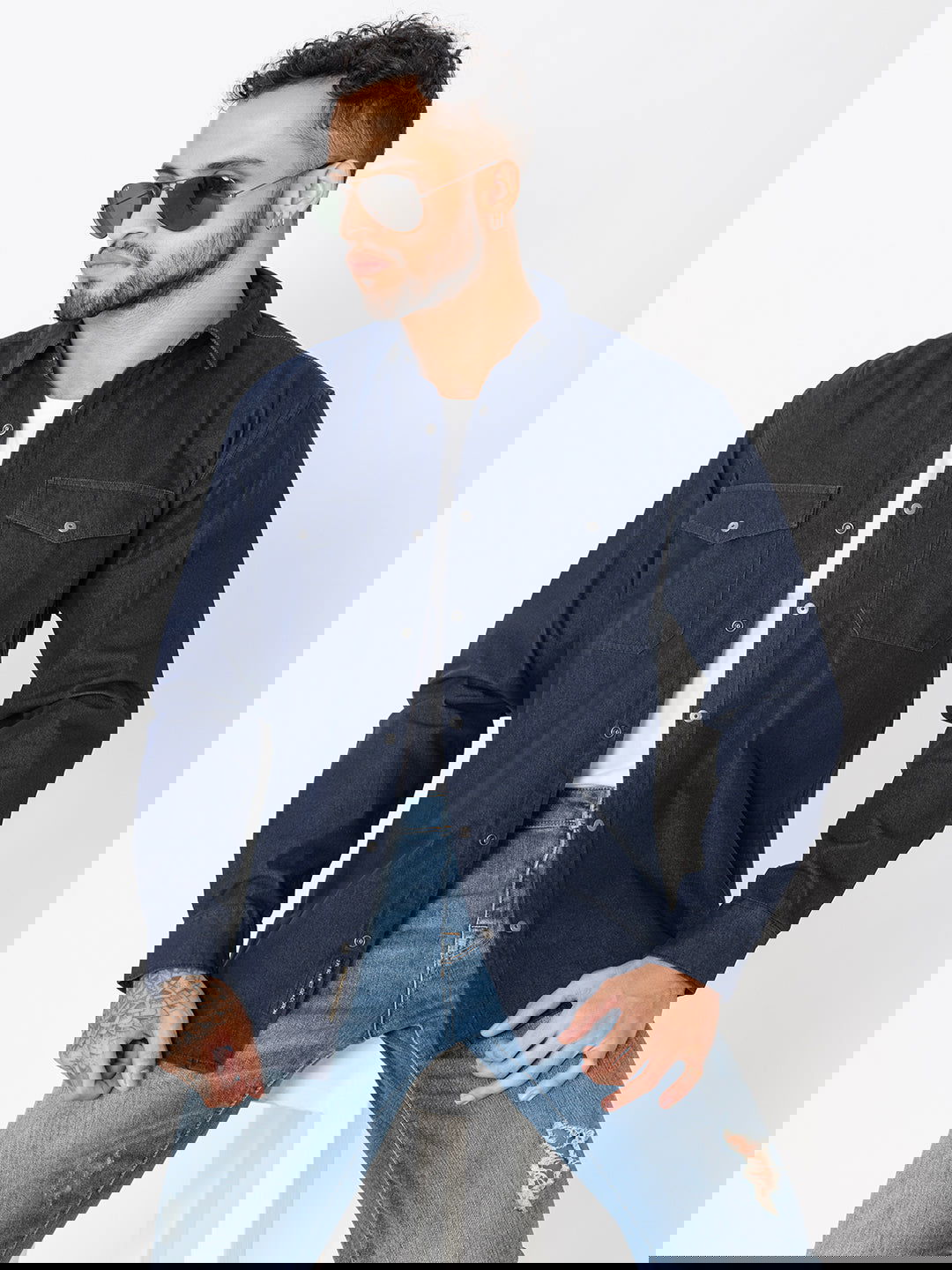 Men Heavy Chambray Shirt Lycra Heavy Denim Shirt Blue