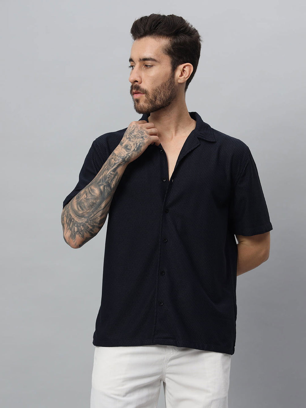 MARINE BLUE TEXTURED HALF SHIRT - St.Jones