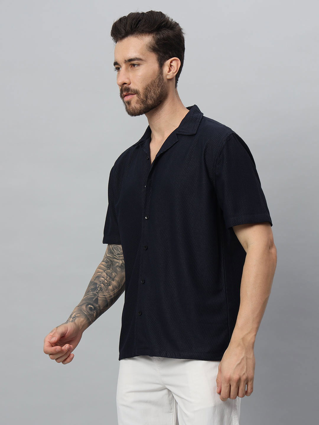 MARINE BLUE TEXTURED HALF SHIRT - St.Jones