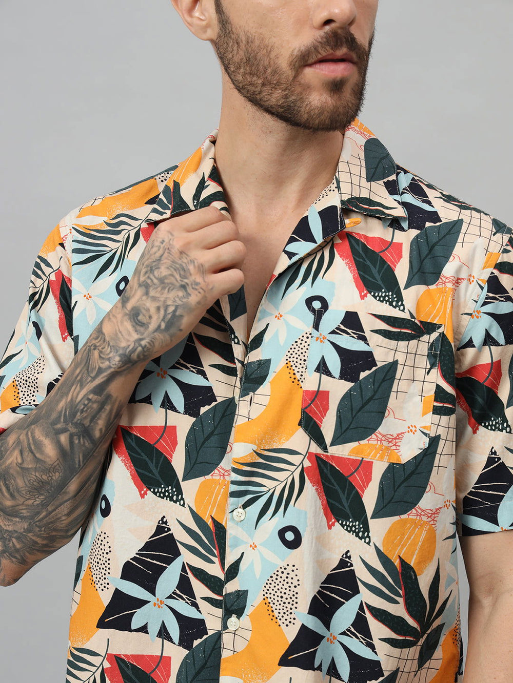 Men Leaf printed Half shirt white blue - St.Jones