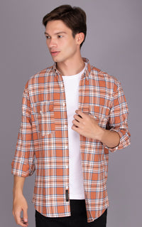 Orange PURE COTTON FLANNEL CHECKED CASUAL SHIRT - St.Jones