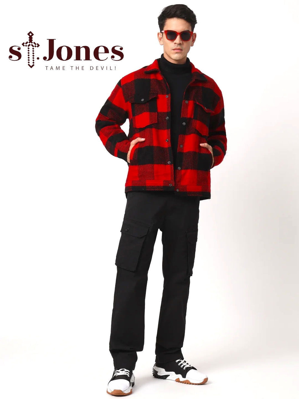 RED AND BLACK DROP SHOULDER SHACKET - St.Jones