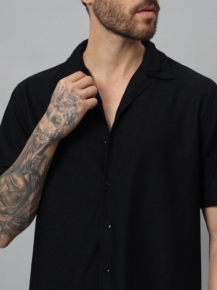 SAINTJONES-BLACK TEXTURED HALF SHIRT - St.Jones