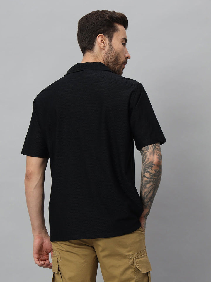 SAINTJONES-BLACK TEXTURED HALF SHIRT - St.Jones