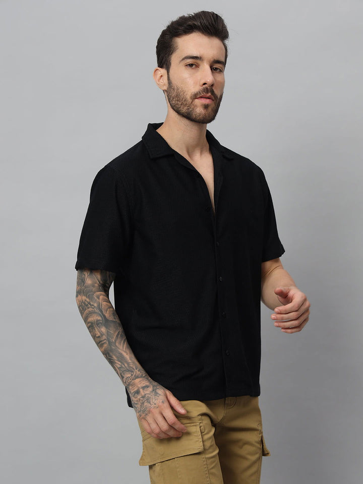 SAINTJONES-BLACK TEXTURED HALF SHIRT - St.Jones