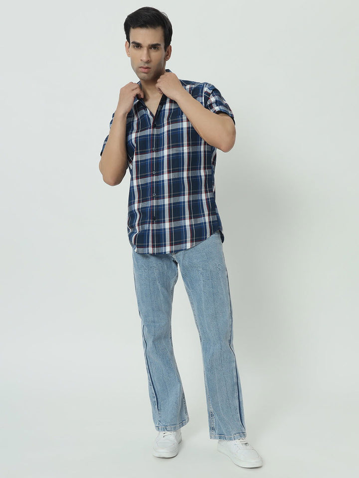 SAINTJONES-BLUE CHECK SHIRT HALF SLEEVES - St.Jones