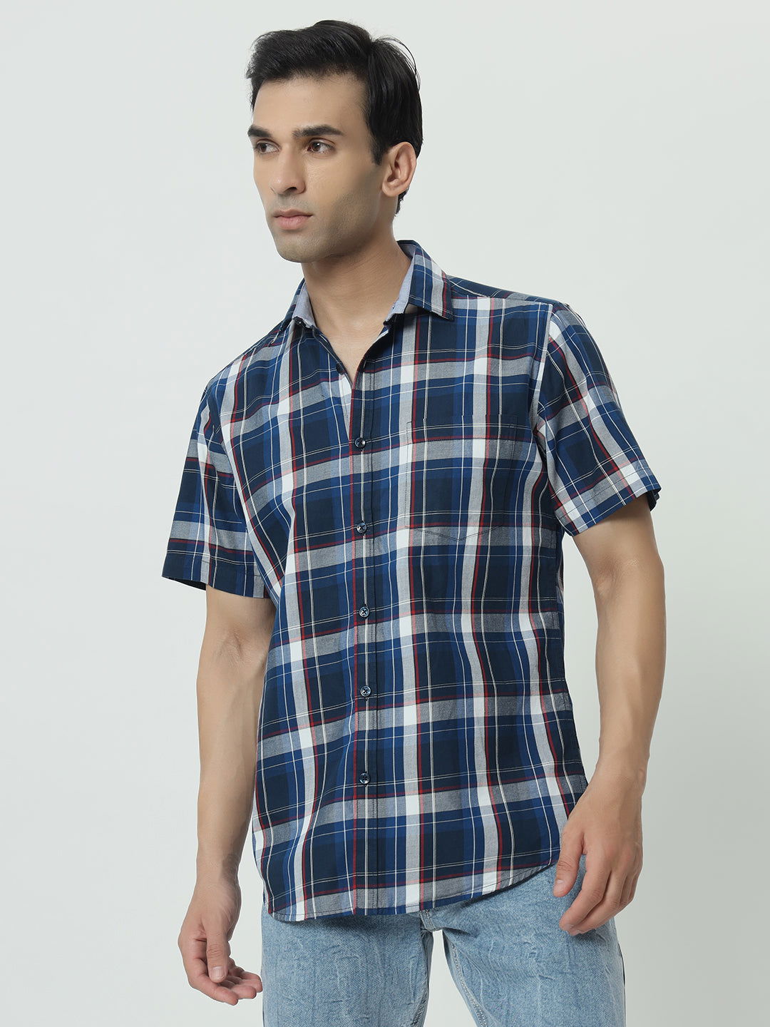 SAINTJONES-BLUE CHECK SHIRT HALF SLEEVES - St.Jones