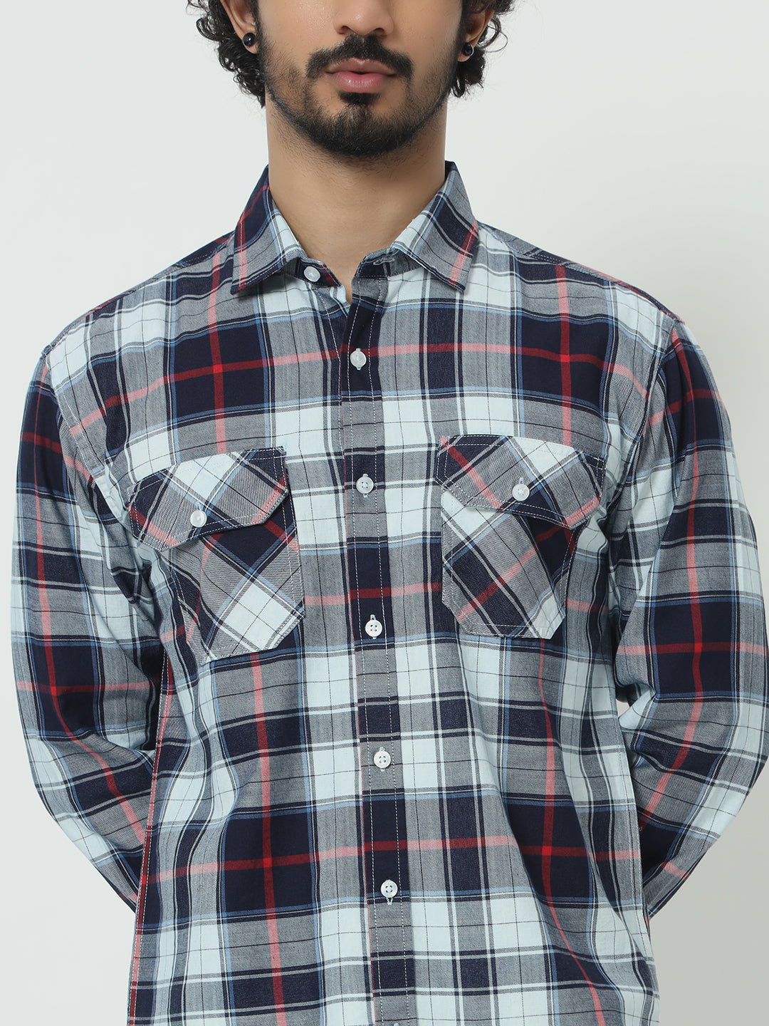 SAINTJONES-RED WHITE INDIGO CHECK SHIRT - St.Jones