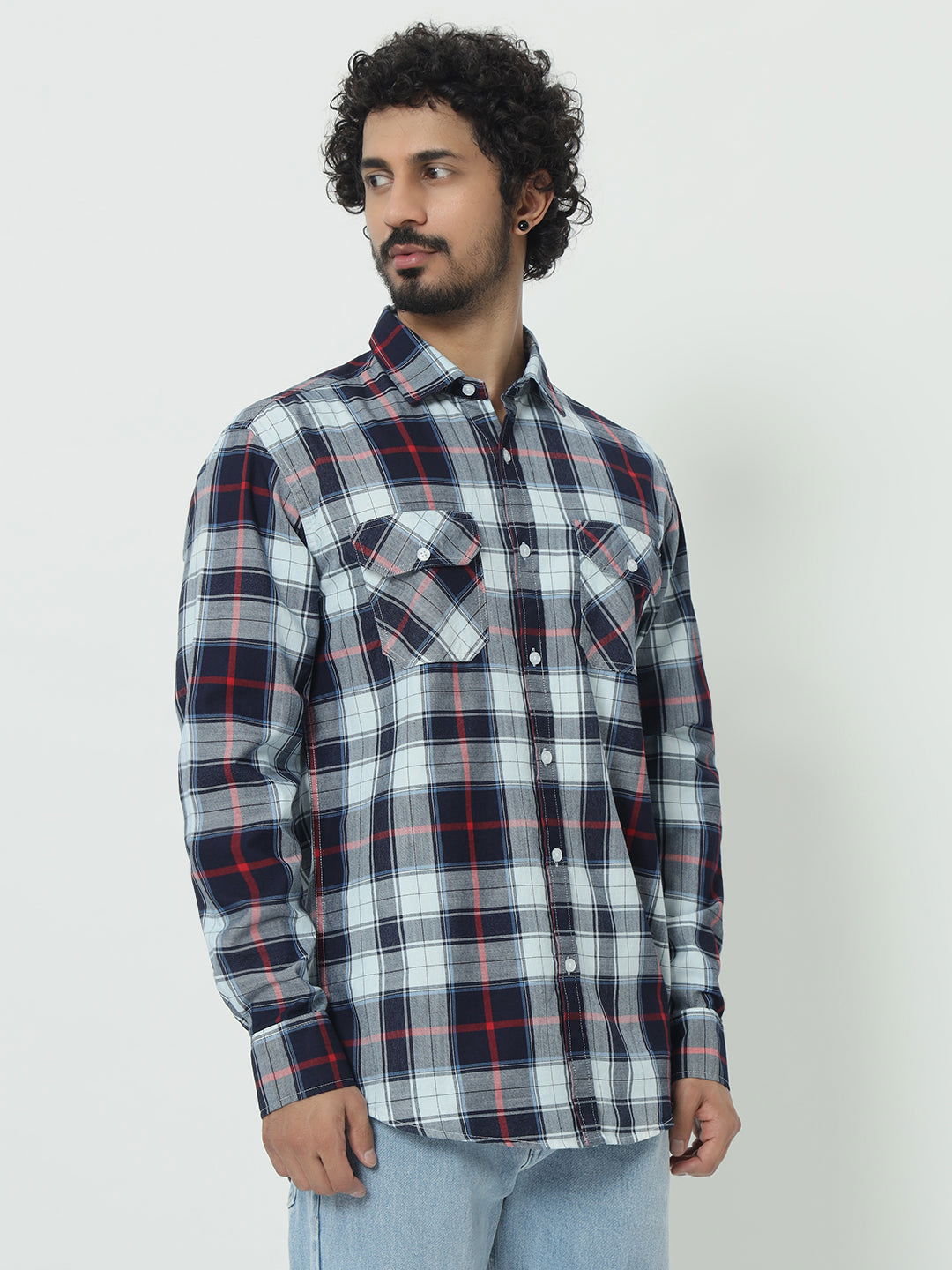 SAINTJONES-RED WHITE INDIGO CHECK SHIRT - St.Jones