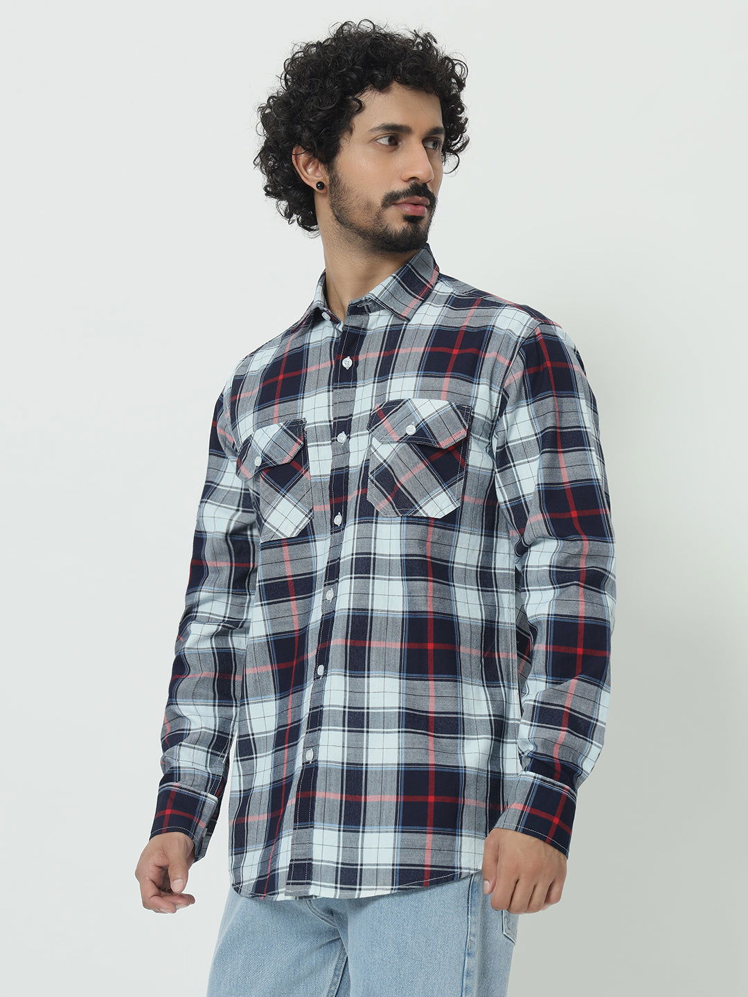 SAINTJONES-RED WHITE INDIGO CHECK SHIRT - St.Jones